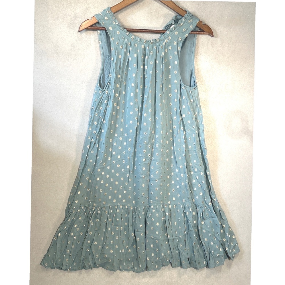Anthropologie Postmark Blue Gold Metallic Polka Dot Ruffle Tiered Mini Dress XS
